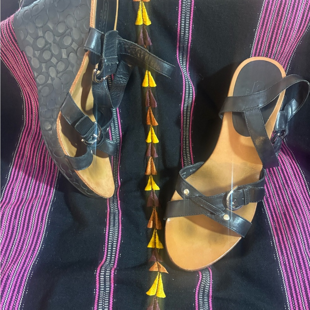 Coach Black Strappy Wedge Sandals